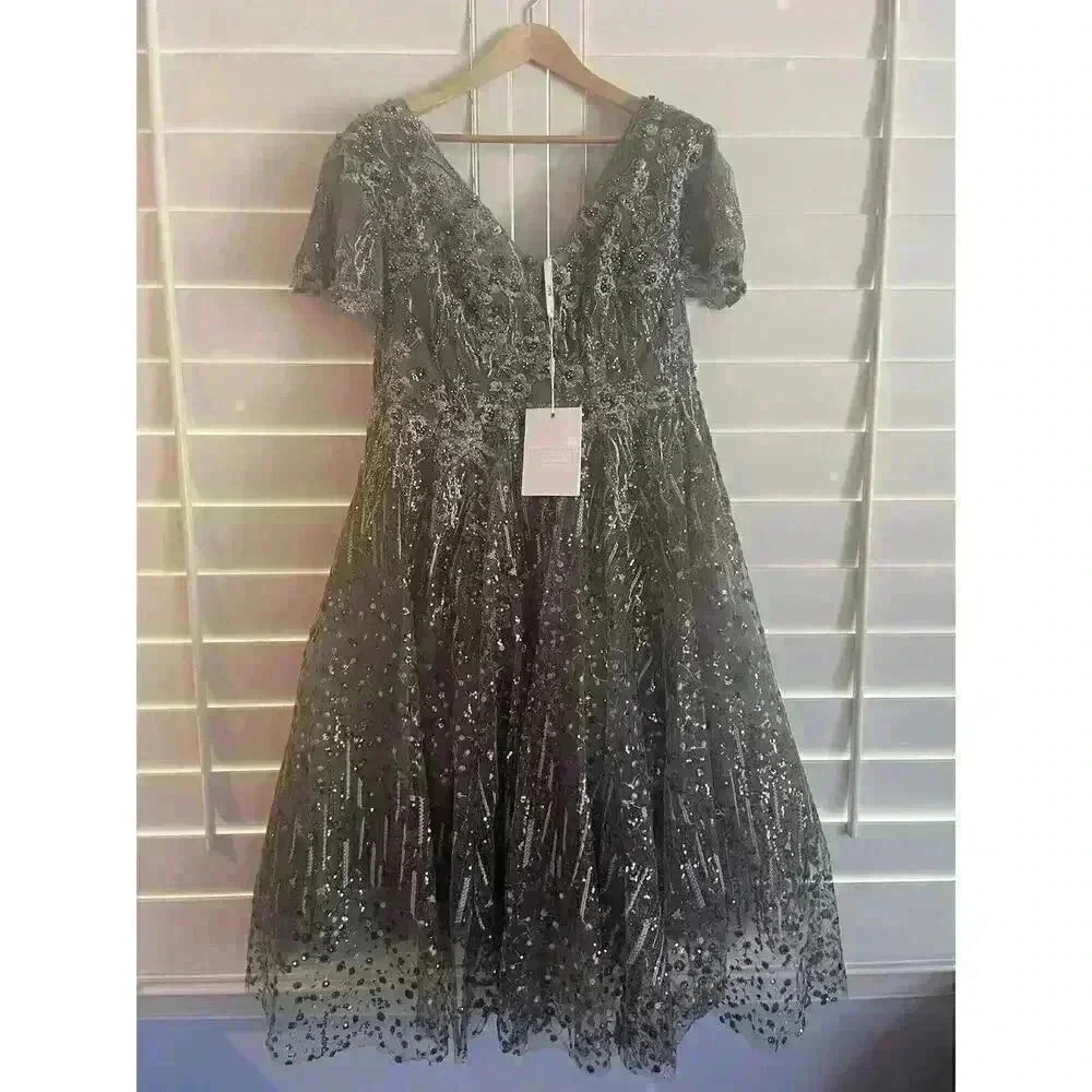 Mac Duggal 20392 Embellished Butterfly Fit Flare Tea Length Dress 14 L Gunmetal - Picture 5 of 8